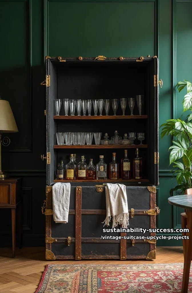 Vintage Suitcase Upcycle Projects: 12 Furniture Conversions for Thrifted Luggage 7 upright steamer trunk drinks cabinet 1
