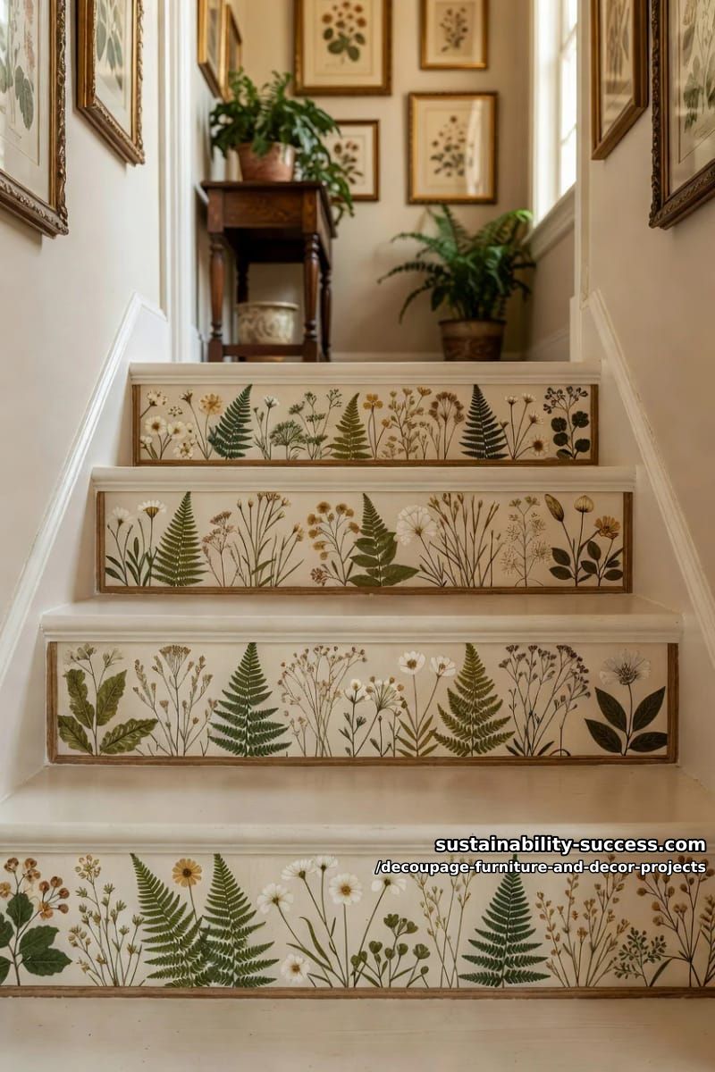 12 Decoupage Projects That Transform Tired Furniture and Decor 9 vintage botanical stair risers 1