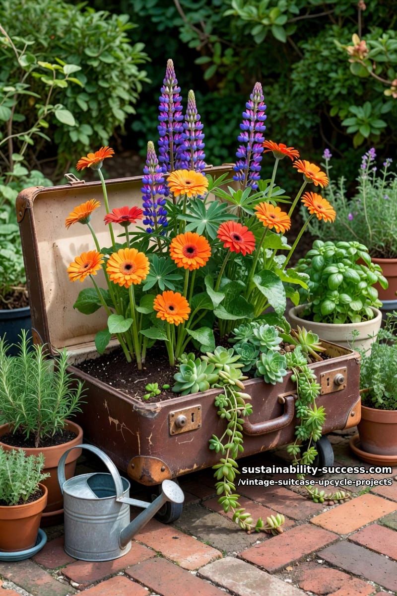 Vintage Suitcase Upcycle Projects: 12 Furniture Conversions for Thrifted Luggage 25 vintage suitcase garden planter 1