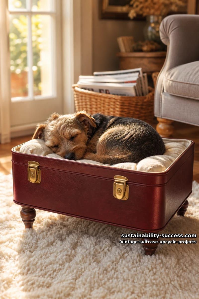 Vintage Suitcase Upcycle Projects: 12 Furniture Conversions for Thrifted Luggage 10 vintage suitcase pet bed 1