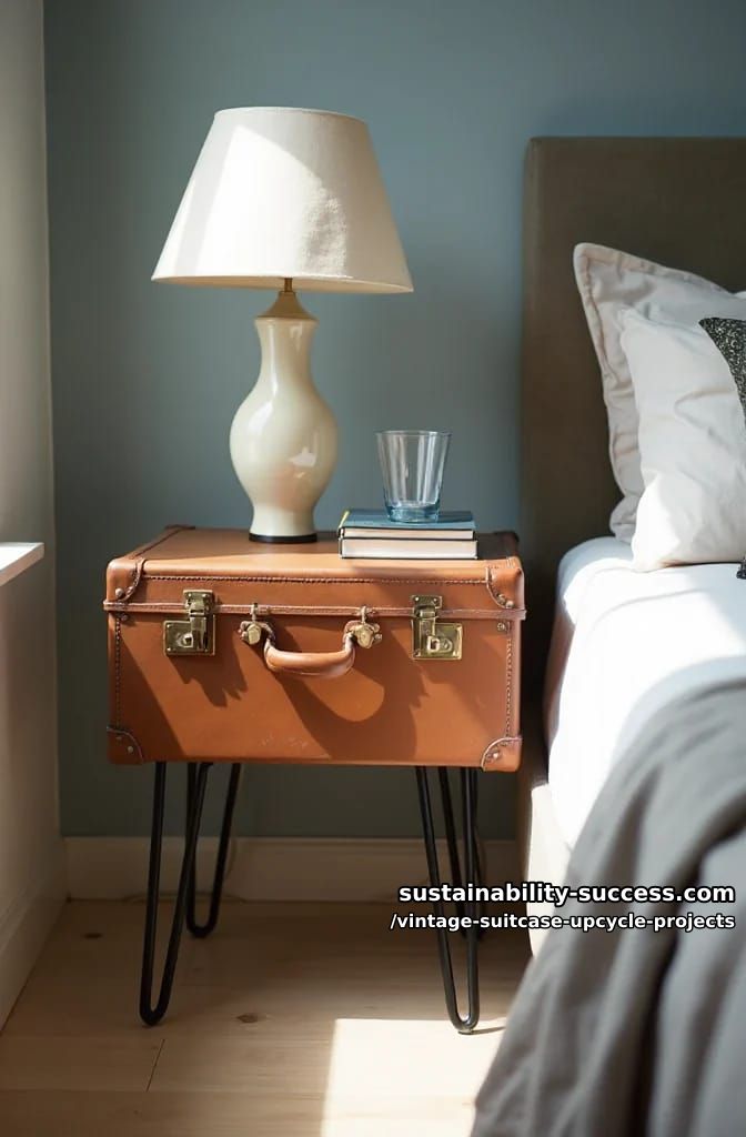 Vintage Suitcase Upcycle Projects: 12 Furniture Conversions for Thrifted Luggage 3 vintage suitcase side table on hairpin legs 1