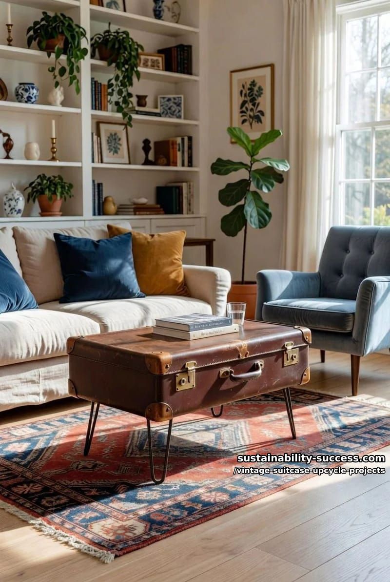 Vintage Suitcase Upcycle Projects: 12 Furniture Conversions for Thrifted Luggage 4 vintage suitcase side table on hairpin legs 1
