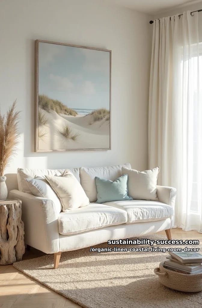 wall art featuring coastal landscapes above a whitewashed linen settee 1