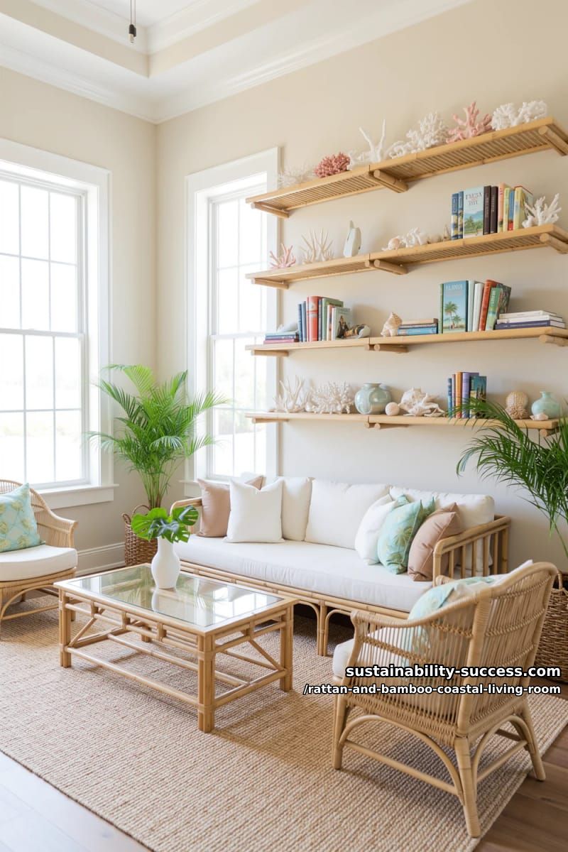 wall-mounted rattan shelves styled with coral, shells, and tropical books 1