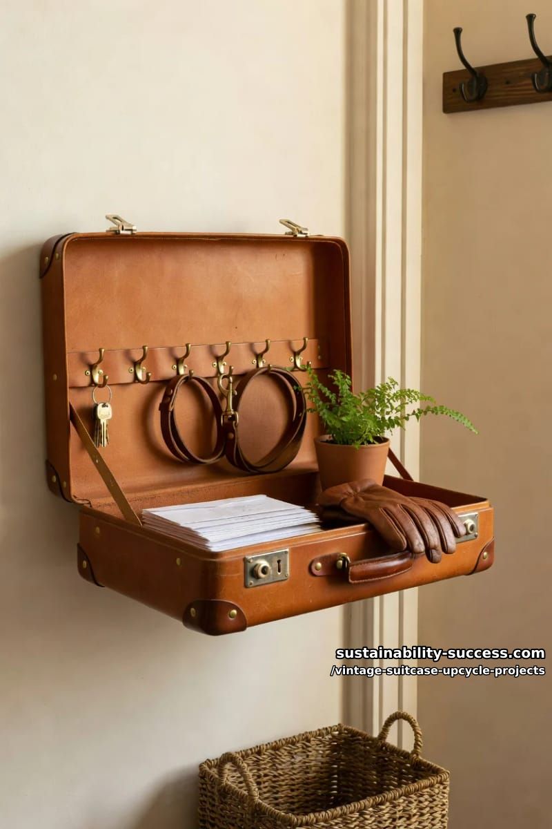 Vintage Suitcase Upcycle Projects: 12 Furniture Conversions for Thrifted Luggage 27 wall-mounted suitcase entryway station 1