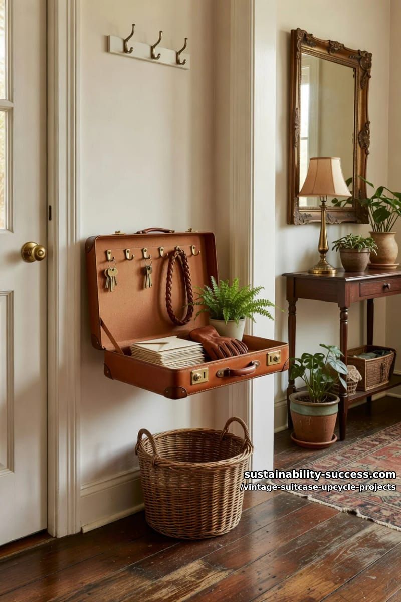 Vintage Suitcase Upcycle Projects: 12 Furniture Conversions for Thrifted Luggage 28 wall-mounted suitcase entryway station 1