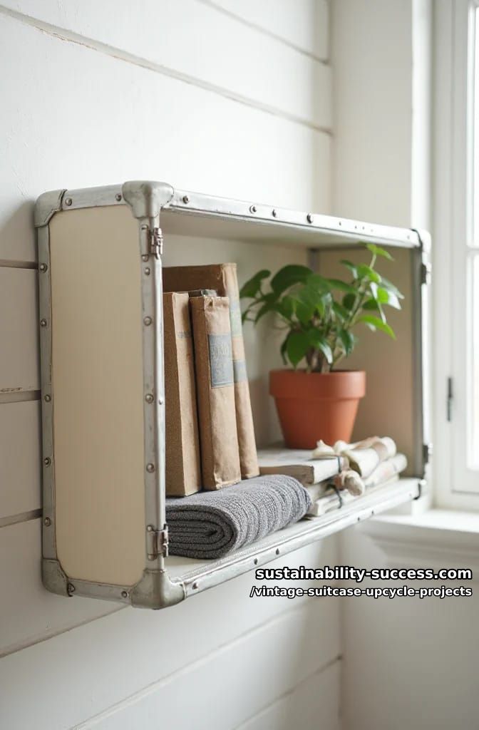 Vintage Suitcase Upcycle Projects: 12 Furniture Conversions for Thrifted Luggage 8 wall-mounted vintage suitcase shelf 1