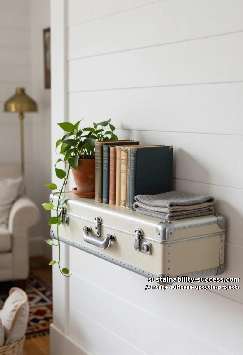 Vintage Suitcase Upcycle Projects: 12 Furniture Conversions for Thrifted Luggage 9 wall-mounted vintage suitcase shelf 1
