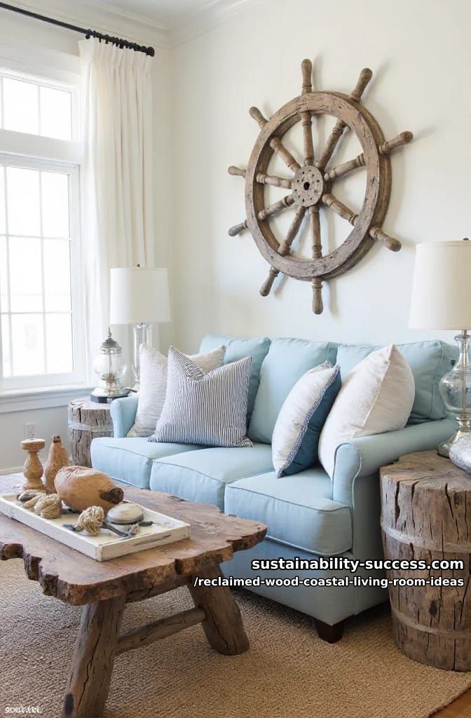 15 Reclaimed Wood Decor Ideas for a Breezy Coastal Living Room 14 weathered wooden ship wheel mounted above a light blue sofa 1