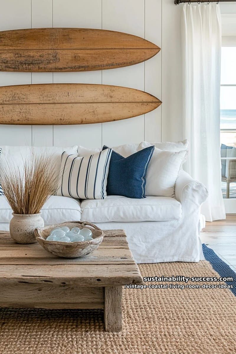 15 Vintage Coastal Living Room Decor Ideas You'll Love 4 weathered wooden surfboards as wall art behind a linen slipcovered sofa 1