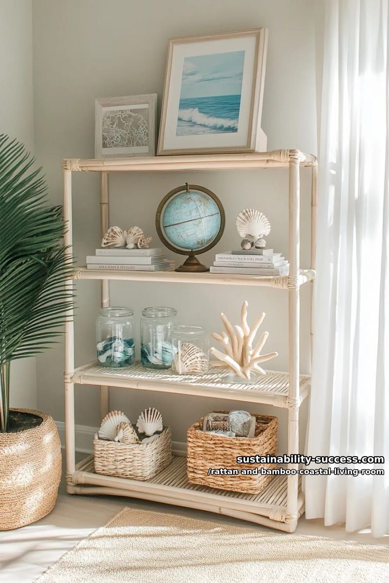 whitewashed bamboo bookshelf filled with coastal artwork and vintage globes 1