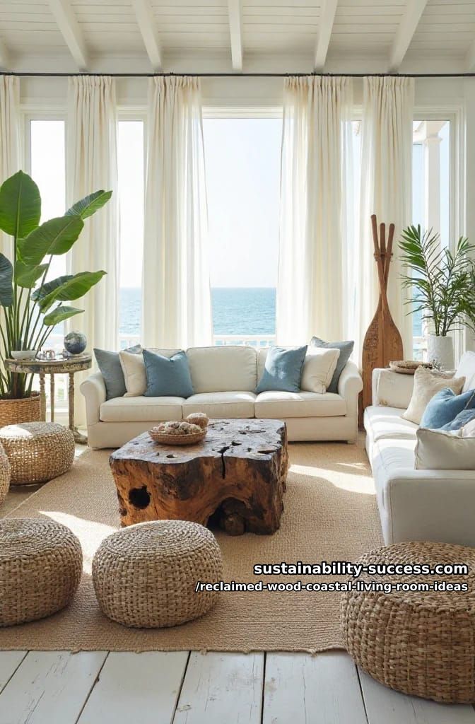 15 Reclaimed Wood Decor Ideas for a Breezy Coastal Living Room 11 wicker poufs and linen sofas around a gnarly wood coffee table 1