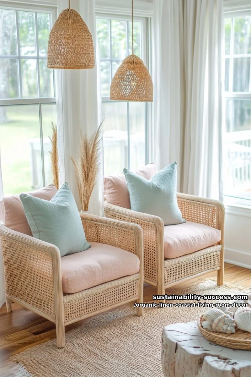 woven cane accent chairs with blush pink linen cushions 1
