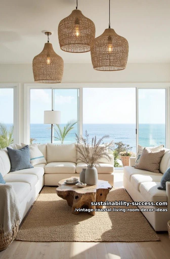 15 Vintage Coastal Living Room Decor Ideas You'll Love 6 woven rattan pendant lights over driftwood coffee table and low cream couches 1