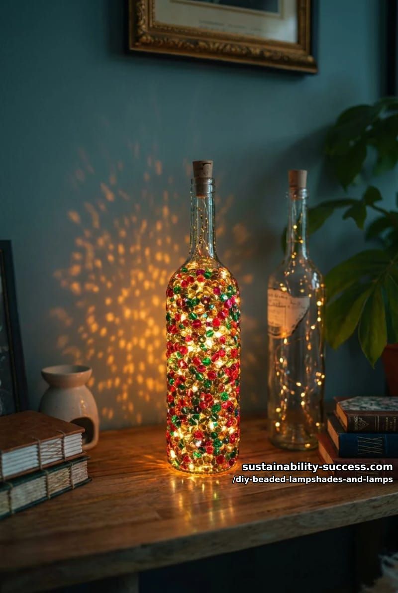 10 DIY Beaded Lampshade and Lamp Ideas for a Warm, Jeweled Glow 22 wrap a jar or bottle into a beaded fairy lamp 1