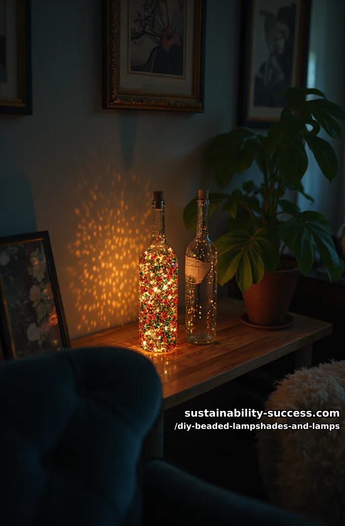 10 DIY Beaded Lampshade and Lamp Ideas for a Warm, Jeweled Glow 23 wrap a jar or bottle into a beaded fairy lamp 1