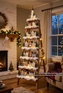 a ceramic christmas village climbing the steps 5