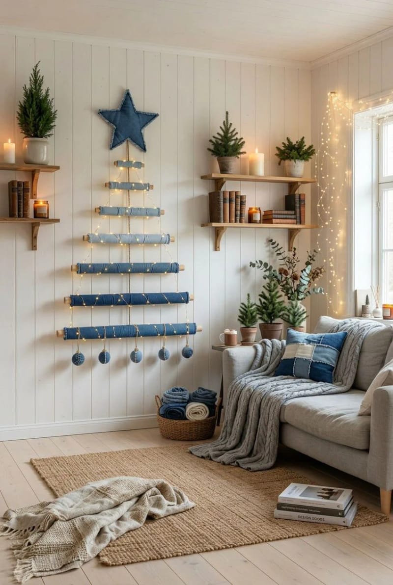 Old Jeans Christmas Decorations for Beginners: Start With the Makes That Forgive Mistakes 7 a denim wall tree on dowels 1