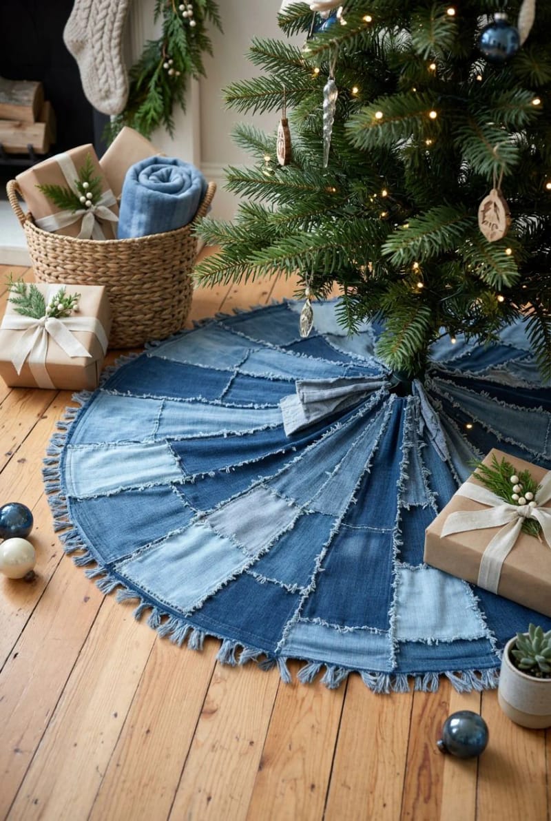 Old Jeans Christmas Decorations for Beginners: Start With the Makes That Forgive Mistakes 9 a frayed denim tree skirt 1