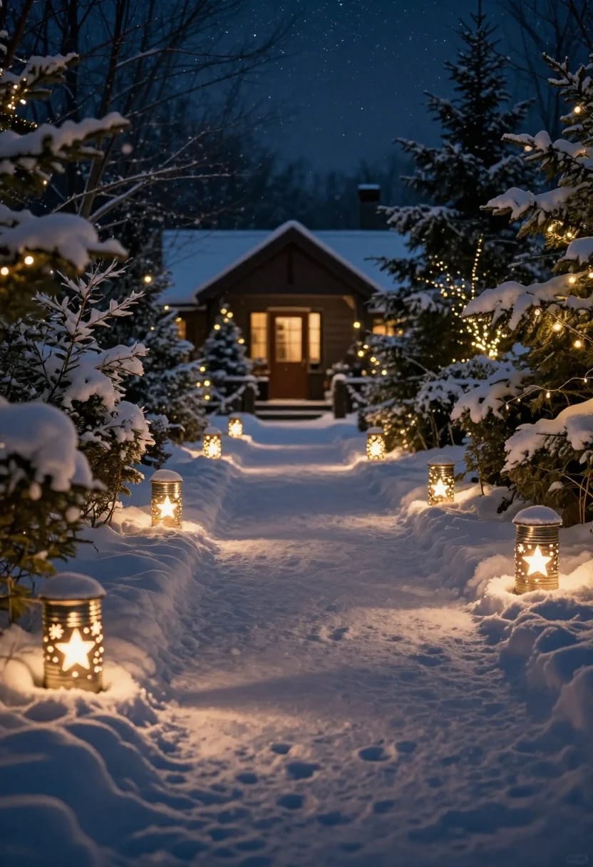 Punched Tin Can Luminaries for an Outdoor Christmas 15 a full run of punched tins lining the walkway 1