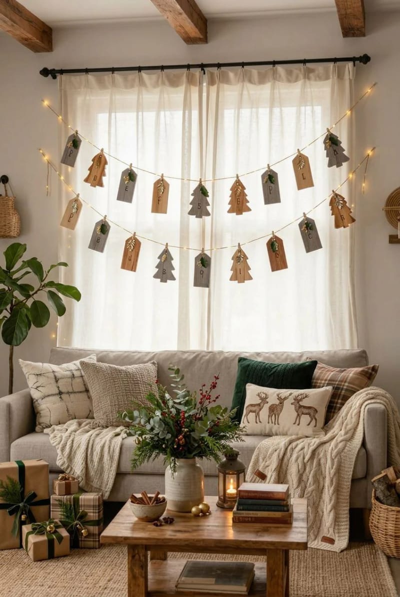Rustic Pallet Christmas Decor for Renters Who Can't Drill the Walls 9 a pallet gift-tag garland draped over your curtain rod 1