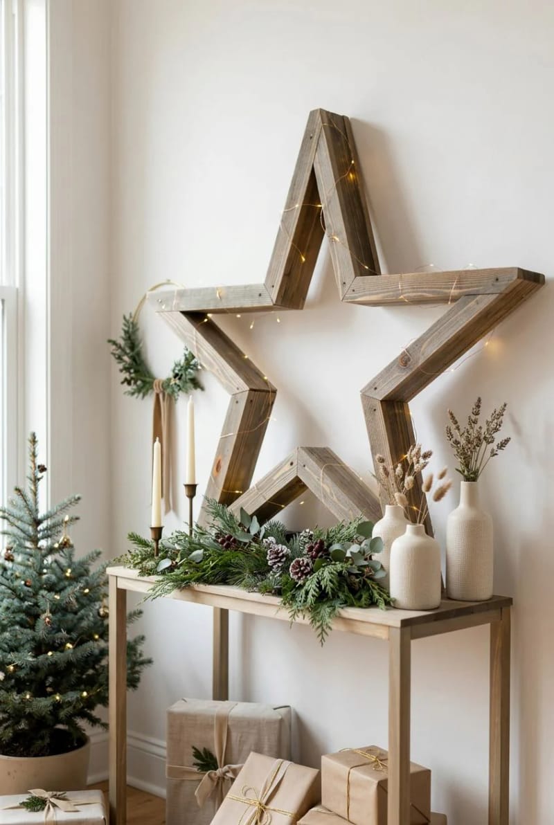 Rustic Pallet Christmas Decor for Renters Who Can't Drill the Walls 7 a pallet-slat star backlit with battery lights 1