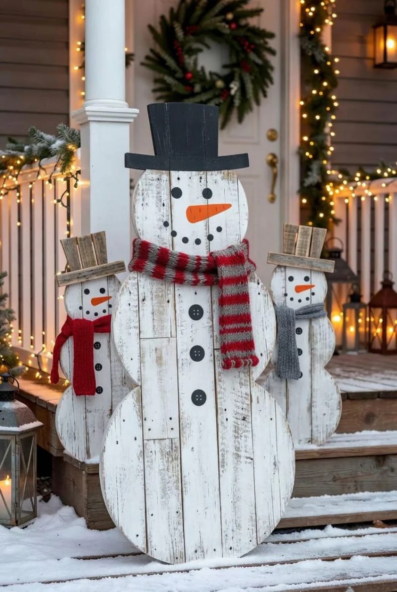 10 Outdoor Pallet Christmas Decorations for the Yard That Last the Whole Season 7 a pallet snowman leaning by the porch 1