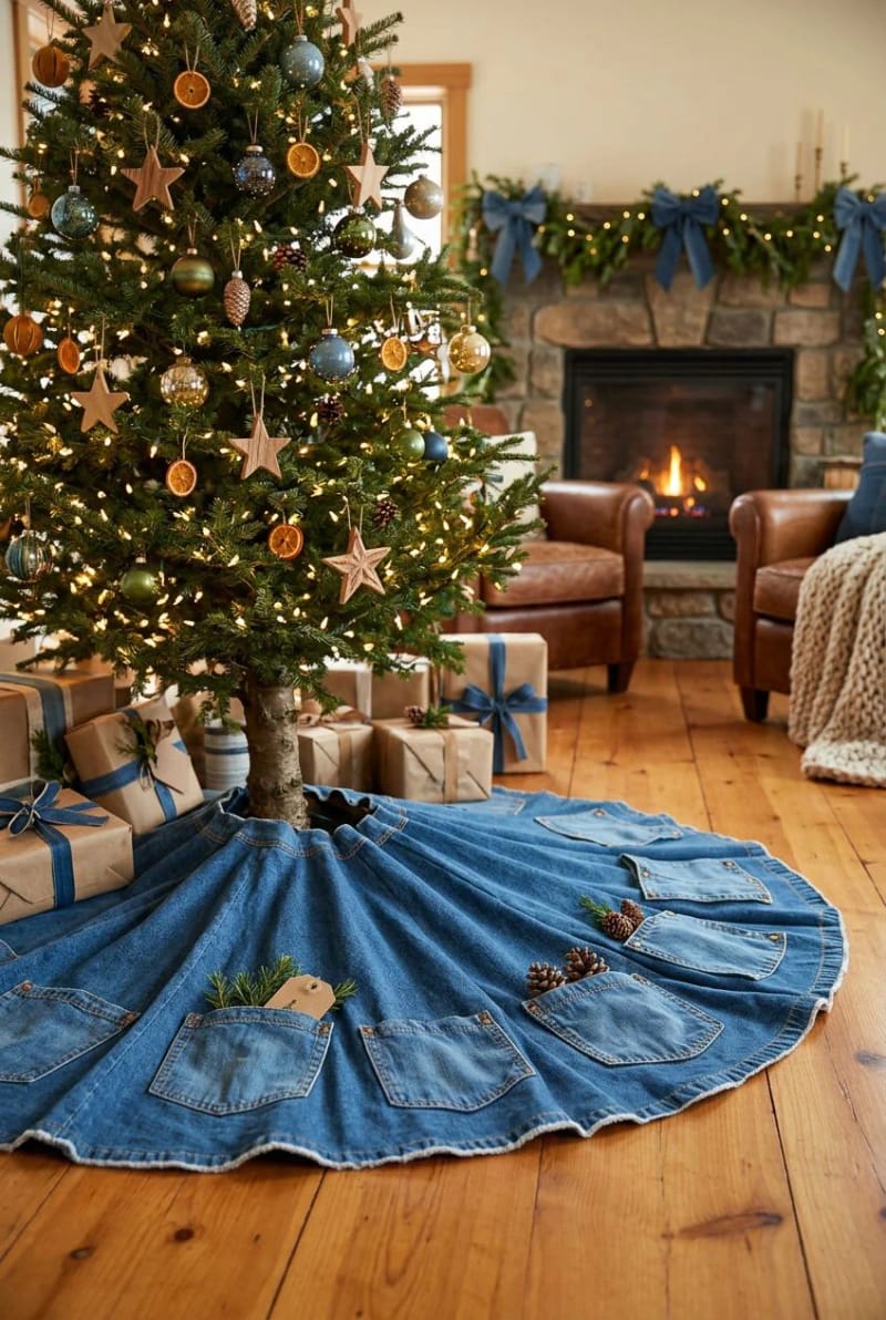 12 Denim Christmas Tree Skirt Ideas to Make From Upcycled Jeans 11 a ring of back pockets around the hem 1