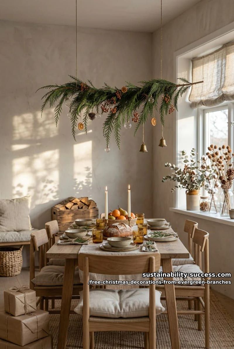 7 Free Christmas Decorations You Can Make From Evergreen Branches 12 a single branch suspended over the table 1