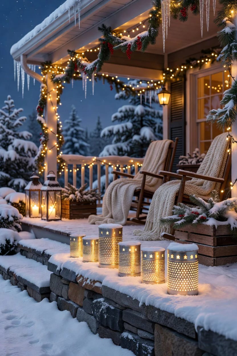 Punched Tin Can Luminaries for an Outdoor Christmas 5 a skyline of graduated-height can lanterns 1