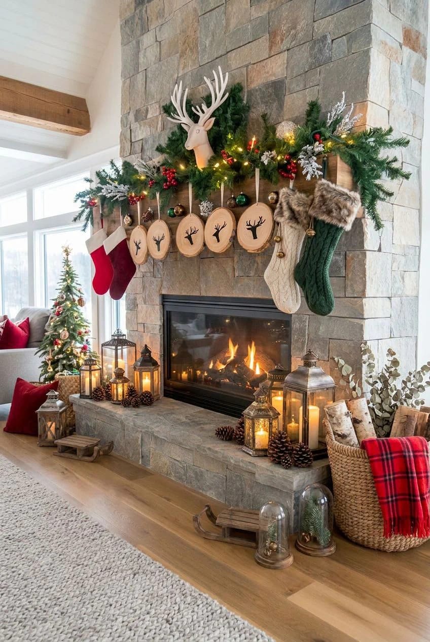 Wood Slice Christmas Ornaments With Wood Burned Designs That Don't Look Like a Kit 11 A cozy holiday fireplace mantel decorated with wood slice Christmas ornaments featuring wood burned solid-filled deer silhouettes, surrounded by evergreen garland, stockings, and festive lights, illustrating unique handmade ornament ideas.