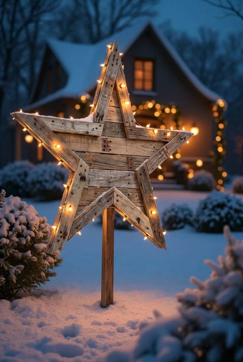 10 Outdoor Pallet Christmas Decorations for the Yard That Last the Whole Season 11 a standalone lit pallet star, staked in the lawn 1