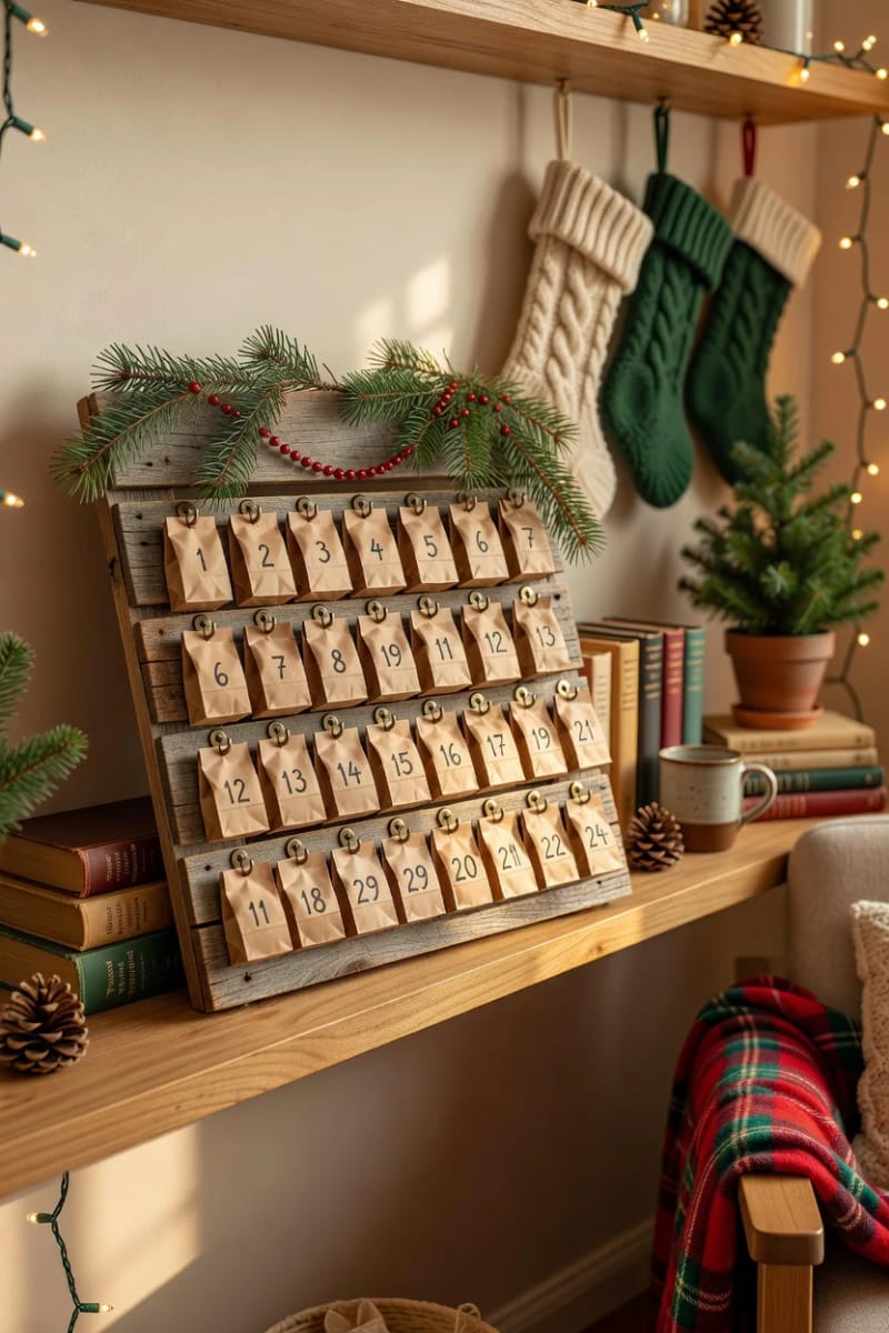 Rustic Pallet Christmas Decor for Renters Who Can't Drill the Walls 6 a tabletop pallet advent calendar that skips the wall entirely 1