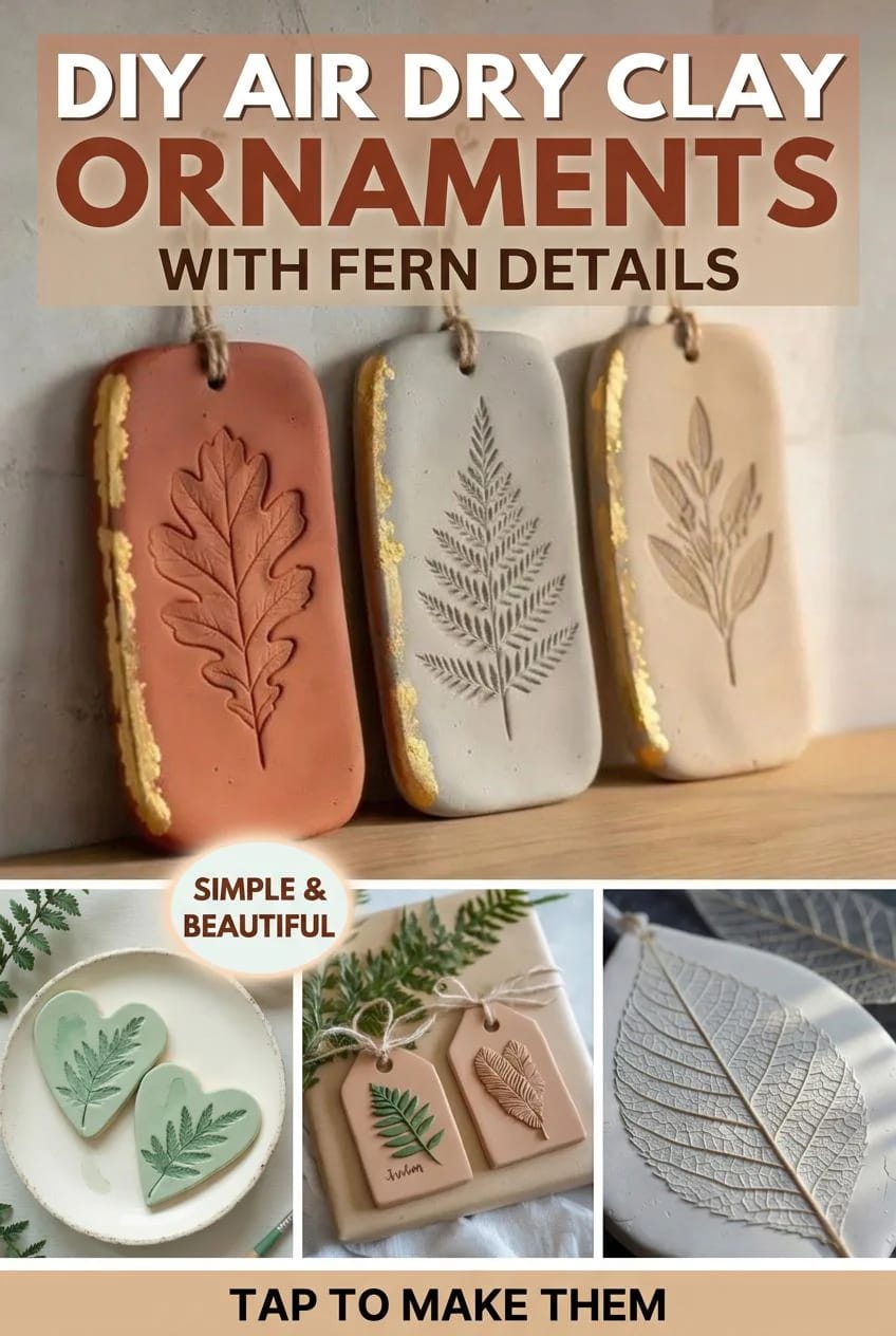 air dry clay ornaments with pressed fern and leaf imprints 1