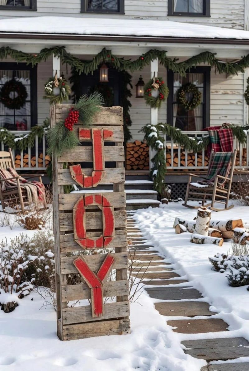 10 Outdoor Pallet Christmas Decorations for the Yard That Last the Whole Season 10 an oversized pallet yard sign spelling joy or noel 1