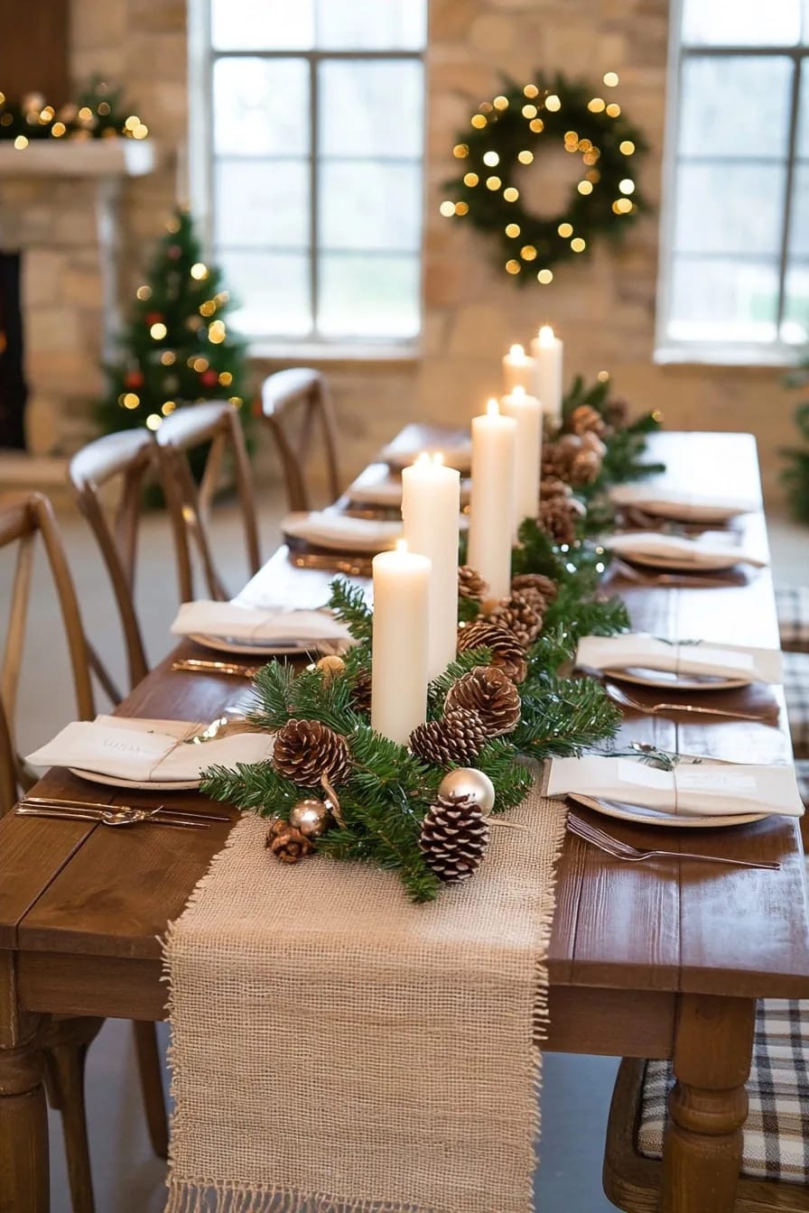 anchor a burlap runner with pillar candles and tight pinecone clusters 1