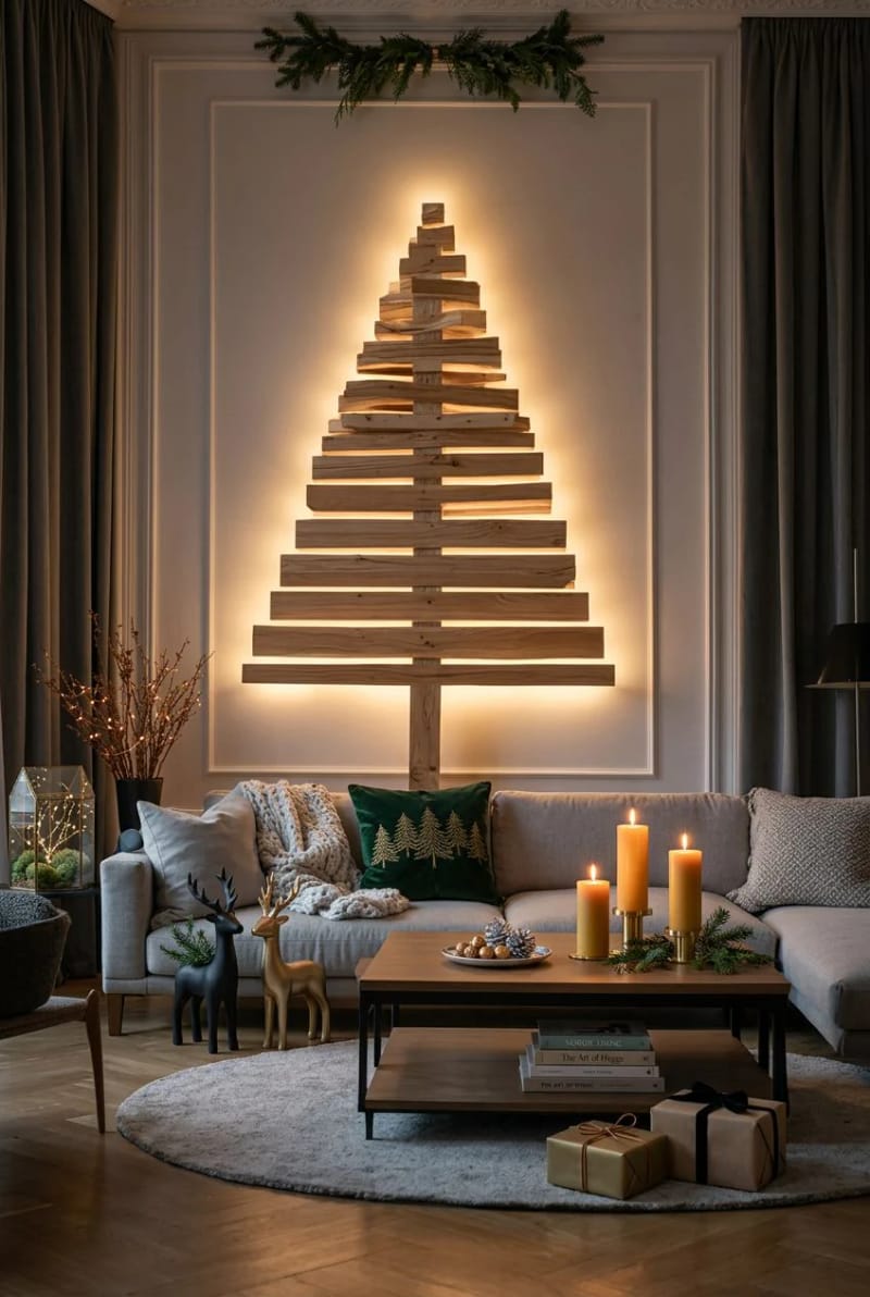 11 Wall-Mounted Pallet Christmas Tree Ideas With Lights for Small Spaces 4 backlight the slats instead of wrapping lights around the front 1