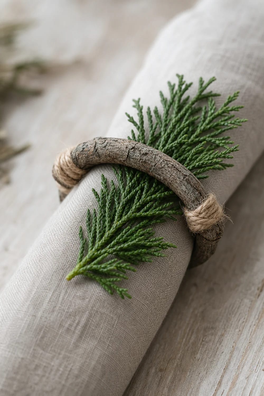 Natural Christmas Place Settings With Foraged Sprigs: 9 Ways to Set the Table 15 bend a bare twig into a napkin ring 1