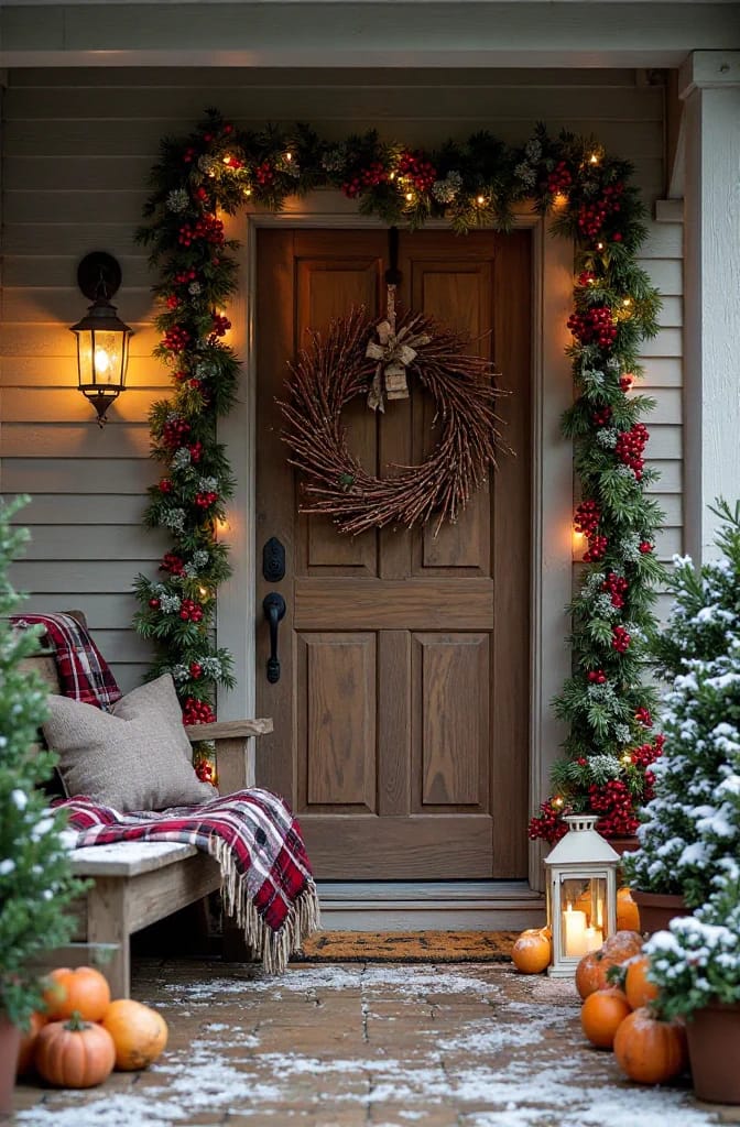 Foraged Twig Christmas Decorations From the Garden 3 Front porch decorated for Christmas with a handmade willow twig wreath on a wooden door, surrounded by festive garlands, pumpkins, a plaid blanket on a bench, and a lantern, illustrating foraged twig Christmas decorations from the garden.