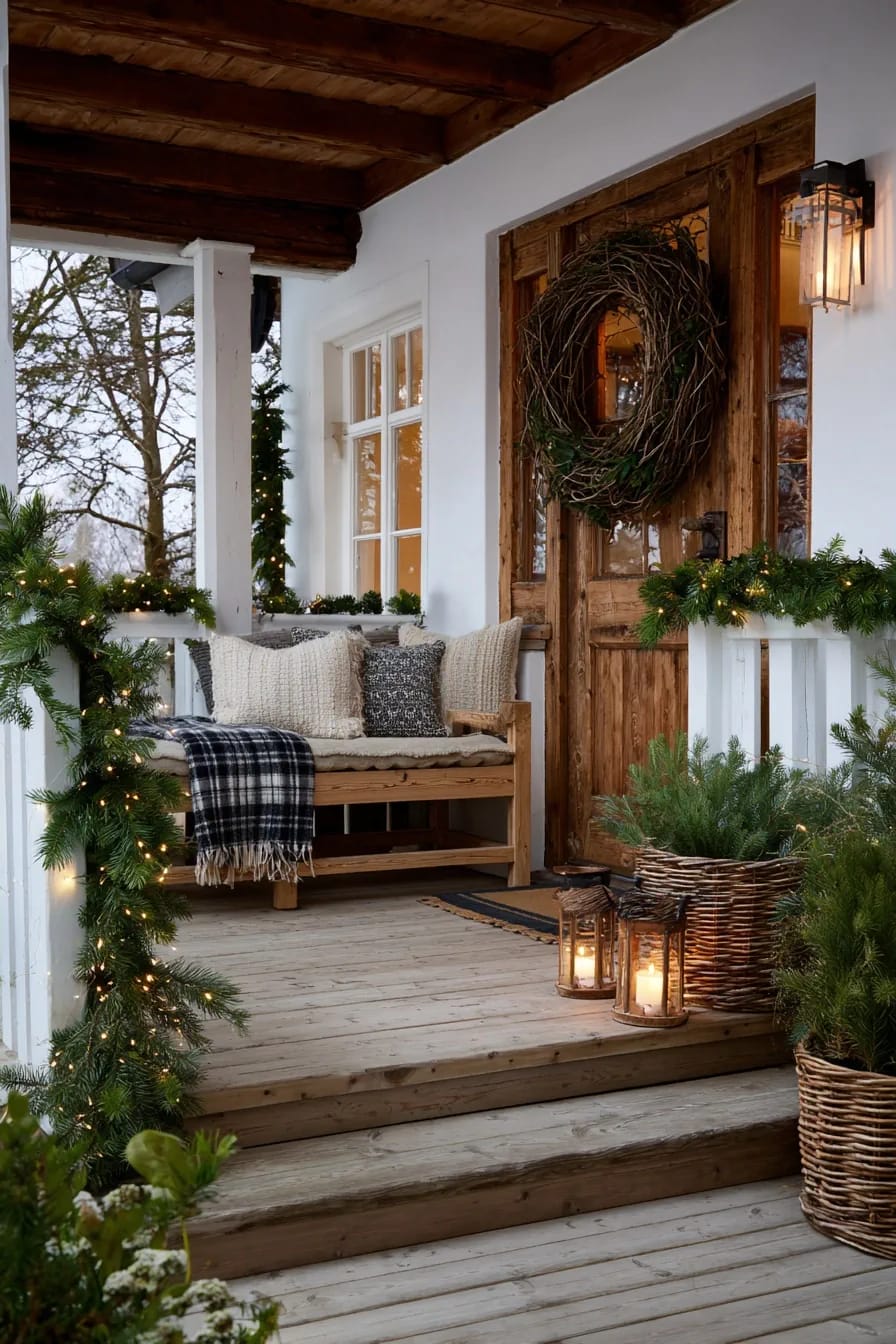 Foraged Twig Christmas Decorations From the Garden 5 A rustic porch decorated with foraged twig Christmas decorations, featuring a large handmade willow wreath on a wooden door, garlands with string lights, a wooden bench with cozy pillows and blanket, and baskets of greenery for a festive garden-inspired look.