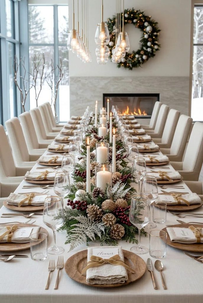 Sustainability Success 9 Elegant long dining table decorated with a Christmas table runner featuring frosted pinecones, white candles, greenery, and red berries, set with neutral tableware, for an article on pinecone and candle Christmas table runner ideas.
