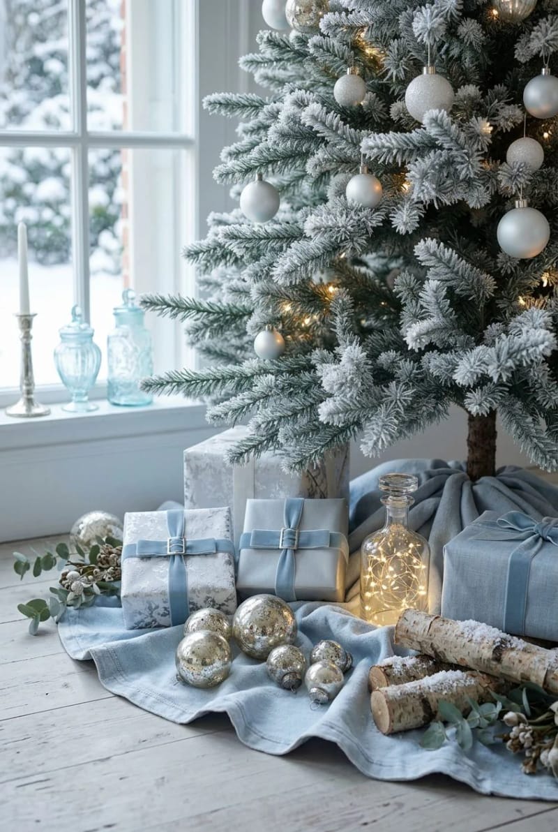 12 Denim Christmas Tree Skirt Ideas to Make From Upcycled Jeans 10 bleached snow-wash denim skirt 1