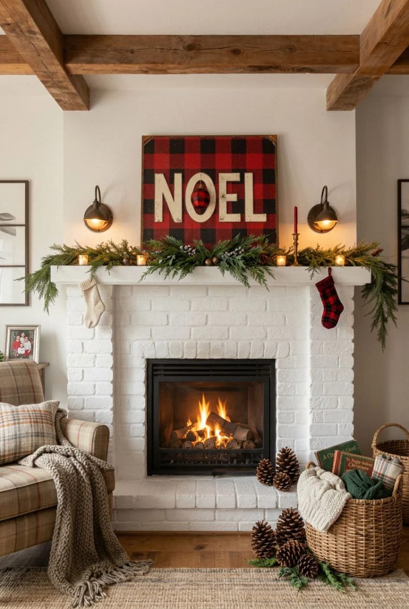 13 Reclaimed Pallet Christmas Signs for a Farmhouse (That Don't Look Store-Bought) 20 buffalo-check background behind a pallet "noel" 1