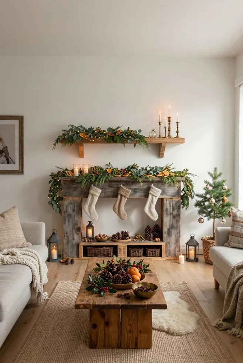 Rustic Pallet Christmas Decor for Renters Who Can't Drill the Walls 4 build a faux pallet mantel so renters can hang stockings 1