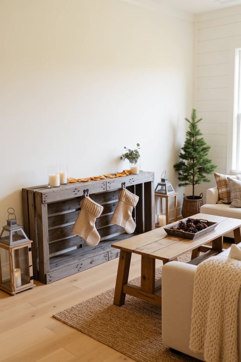 Rustic Pallet Christmas Decor for Renters Who Can't Drill the Walls 5 build a faux pallet mantel so renters can hang stockings 1