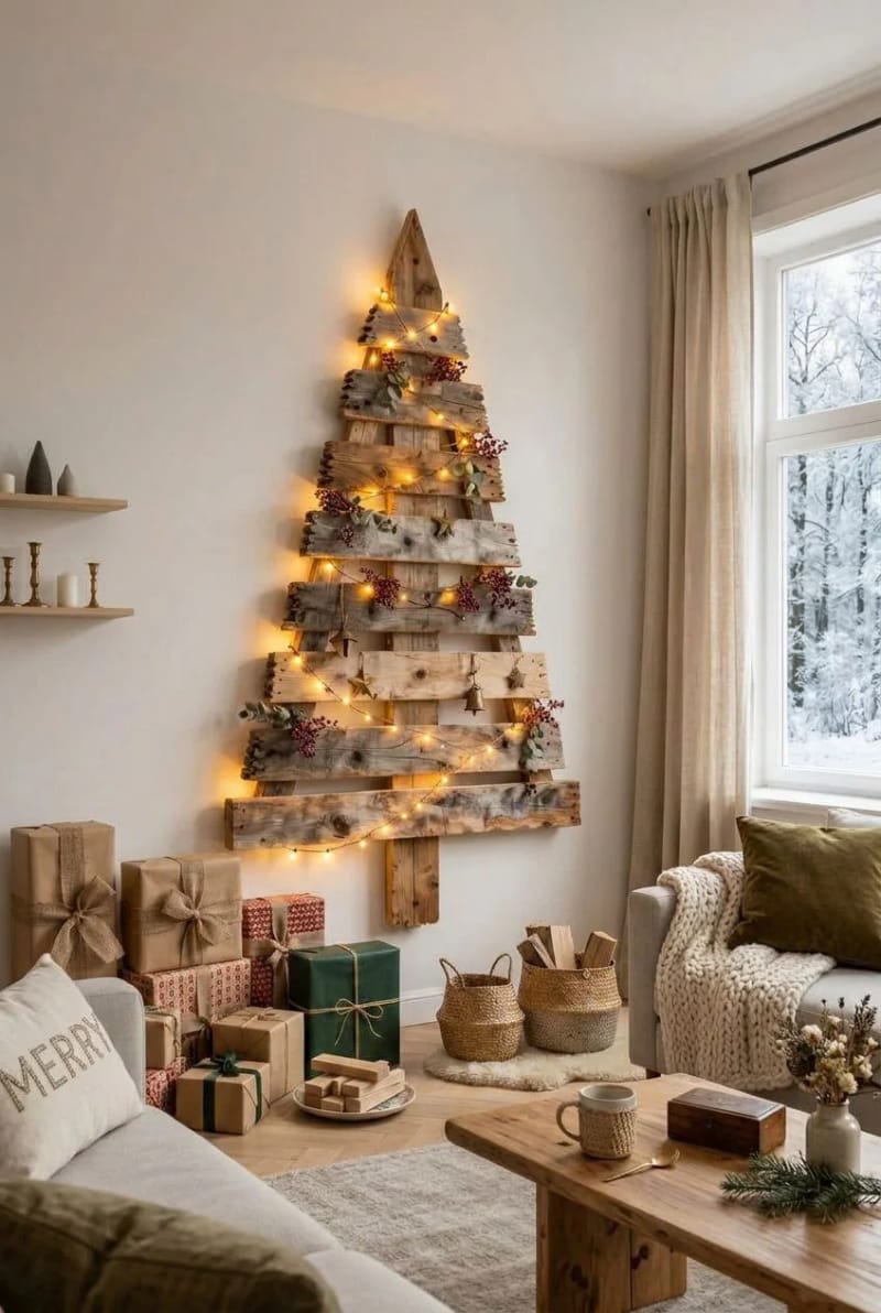 11 Wall-Mounted Pallet Christmas Tree Ideas With Lights for Small Spaces 3 build the whole silhouette from one dismantled pallet, not a stack of them 1