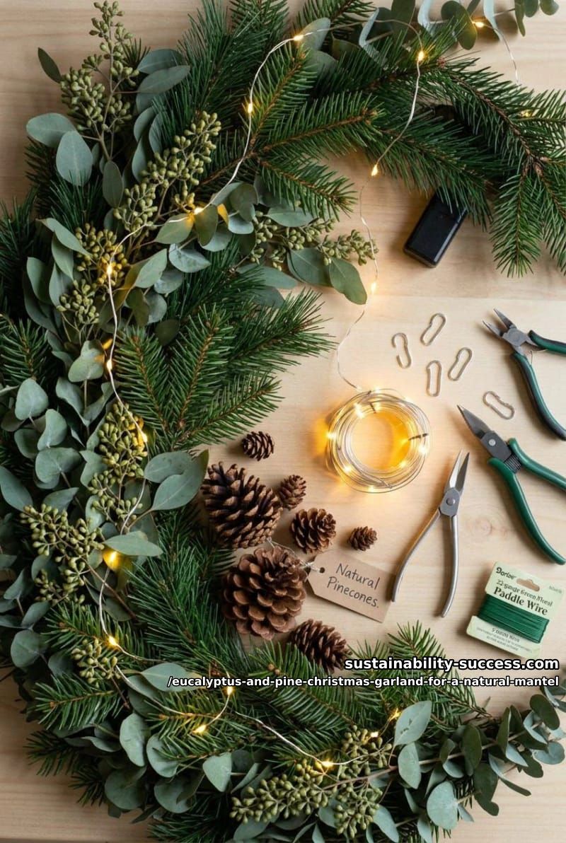 How to Make a Eucalyptus and Pine Christmas Garland for a Natural Mantel 3 building it: layer the pine in, don't line it up 1