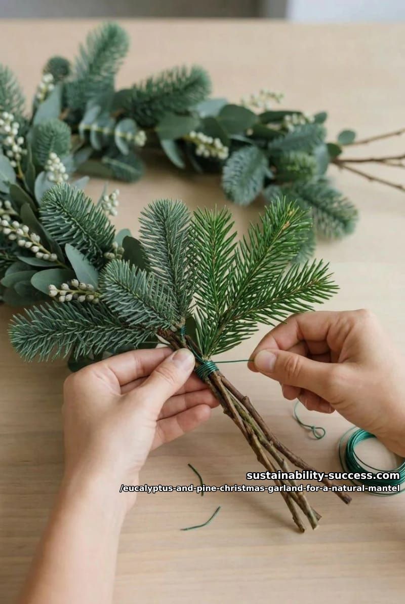 How to Make a Eucalyptus and Pine Christmas Garland for a Natural Mantel 4 building it: layer the pine in, don't line it up 1