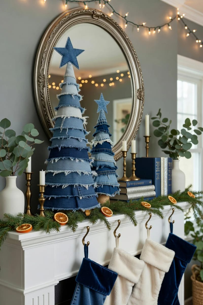 Upcycled Denim Christmas Ornaments From Old Jeans 12 cone-shaped mini denim trees 1