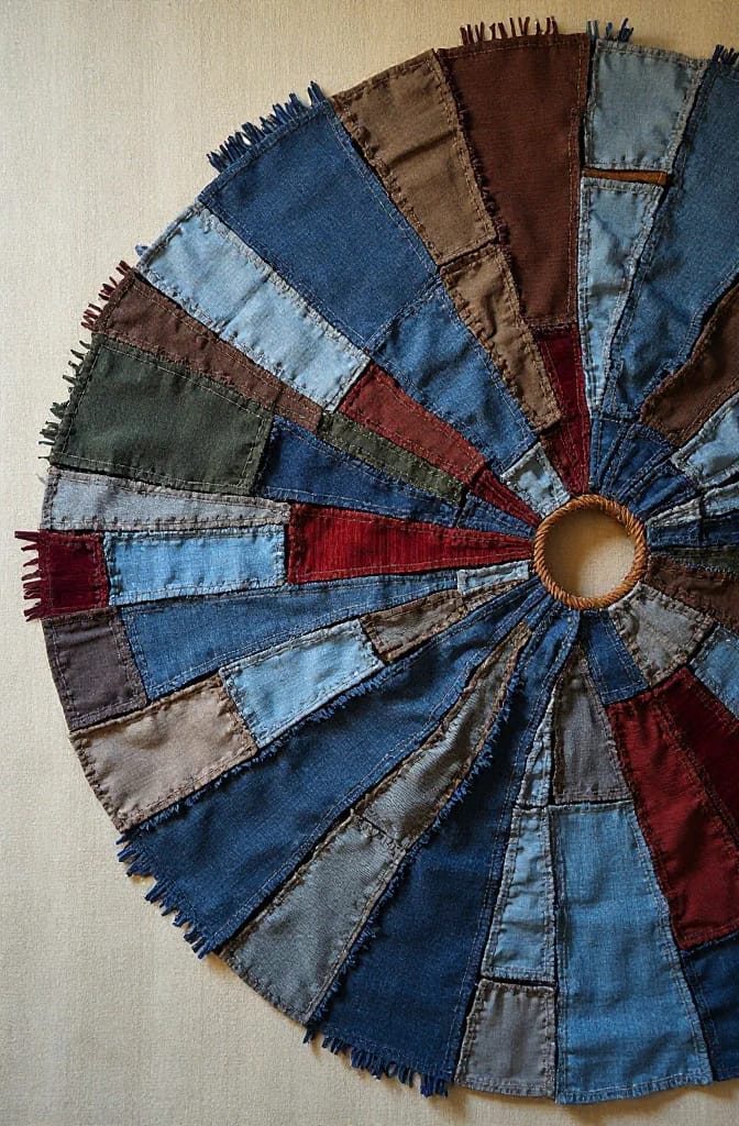12 Denim Christmas Tree Skirt Ideas to Make From Upcycled Jeans 20 crazy-quilt denim mixed with other salvage 1
